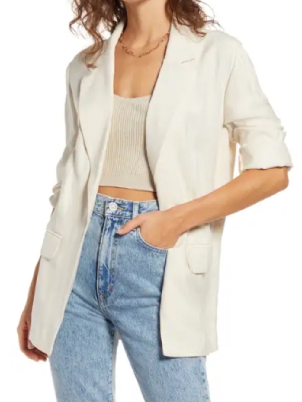 Open Edit Oversized Blazer XS Ivory Birch Single Button Lightweight Jacket